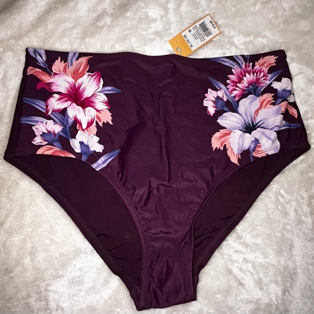 Kona Sol Dark Purple Floral Swim Bottom | Size XL | NWT